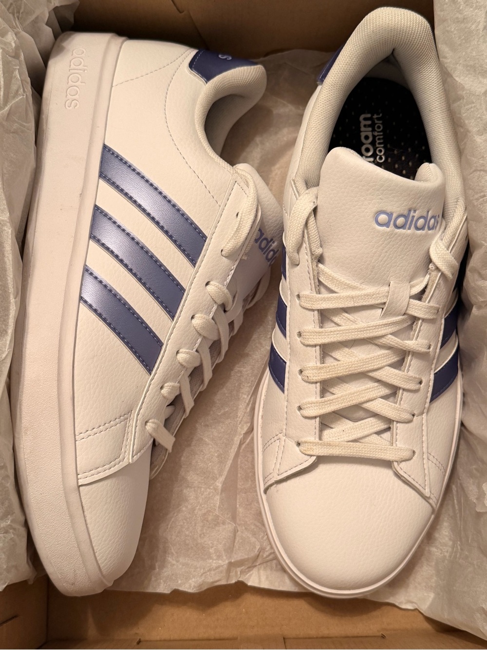 Adidas White Sneakers with Periwinkle Blue Stripes
